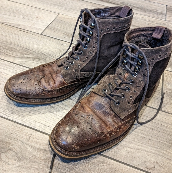 Men's ASTON GREY leather boots faux fur lined wingtip dark whiskey brown - Picture 2 of 6